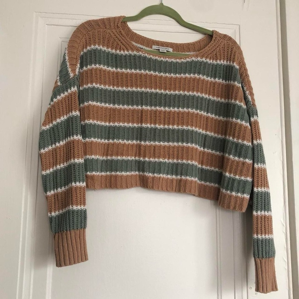 American Eagle striped tan, white, & teal cropped sweater